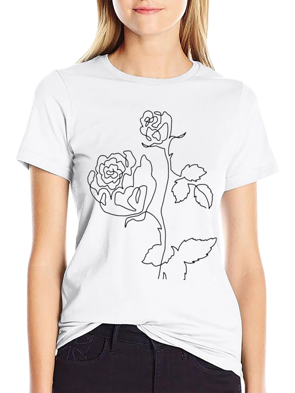 Line Art Rose Black T-Shirt