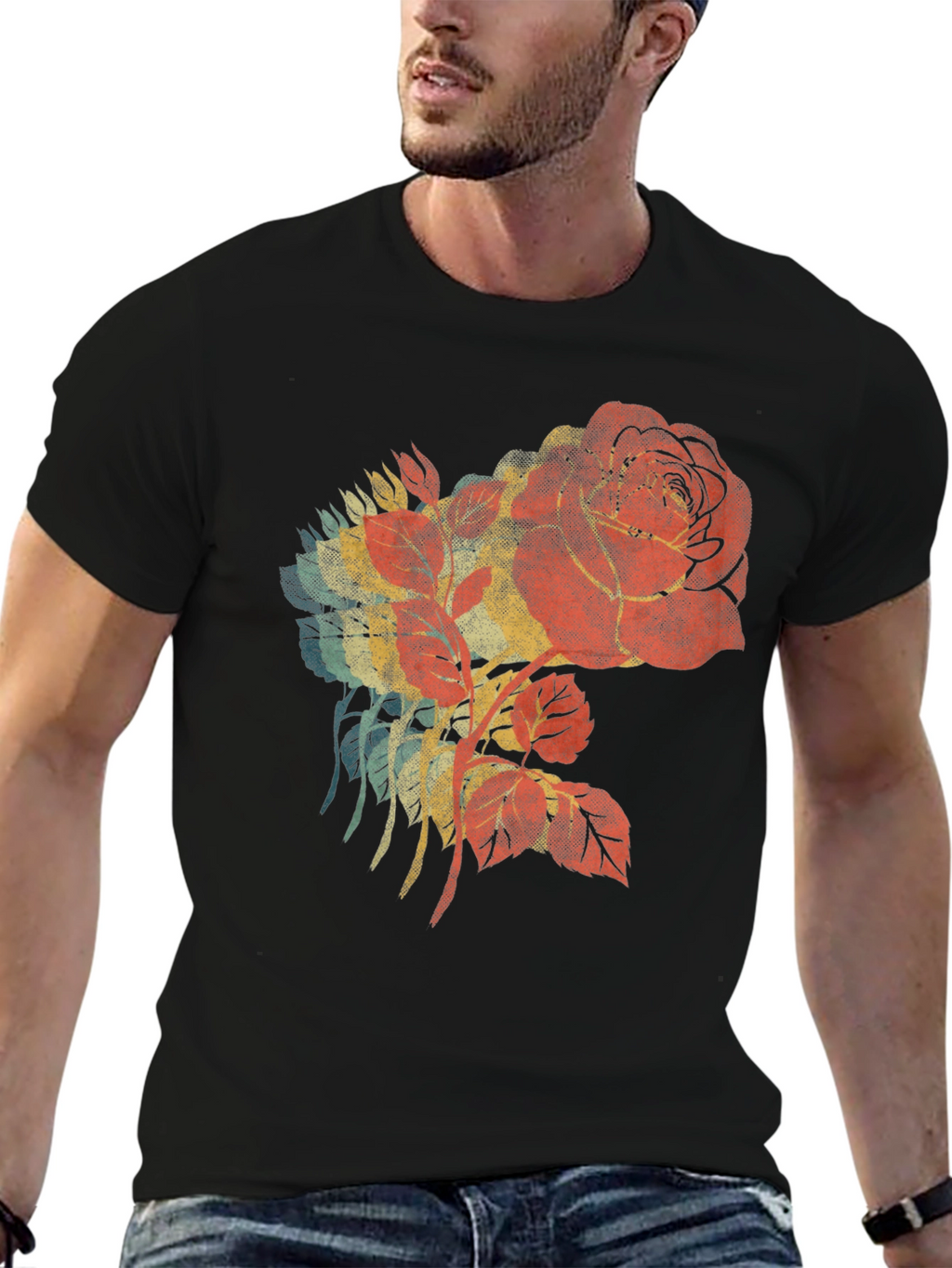 Retro Rose Graphic Black T-Shirt