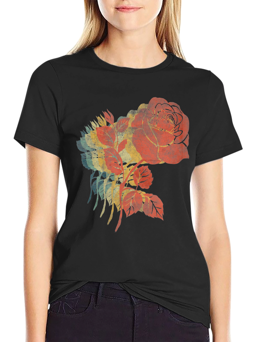 Retro Rose Graphic Black T-Shirt