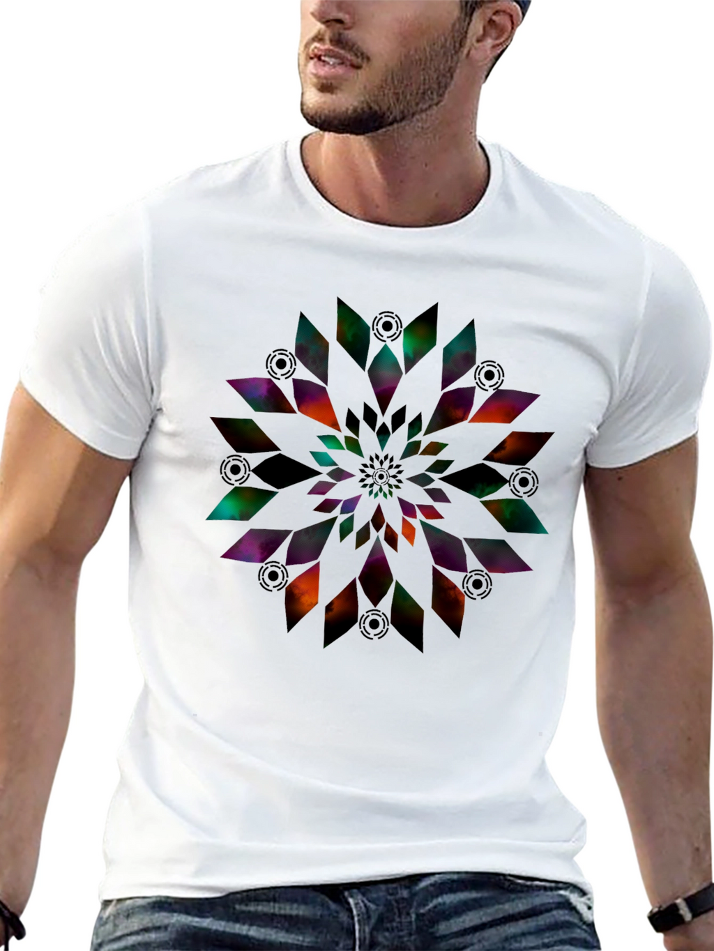 Abstract Geometric Flower Print Black T-Shirt