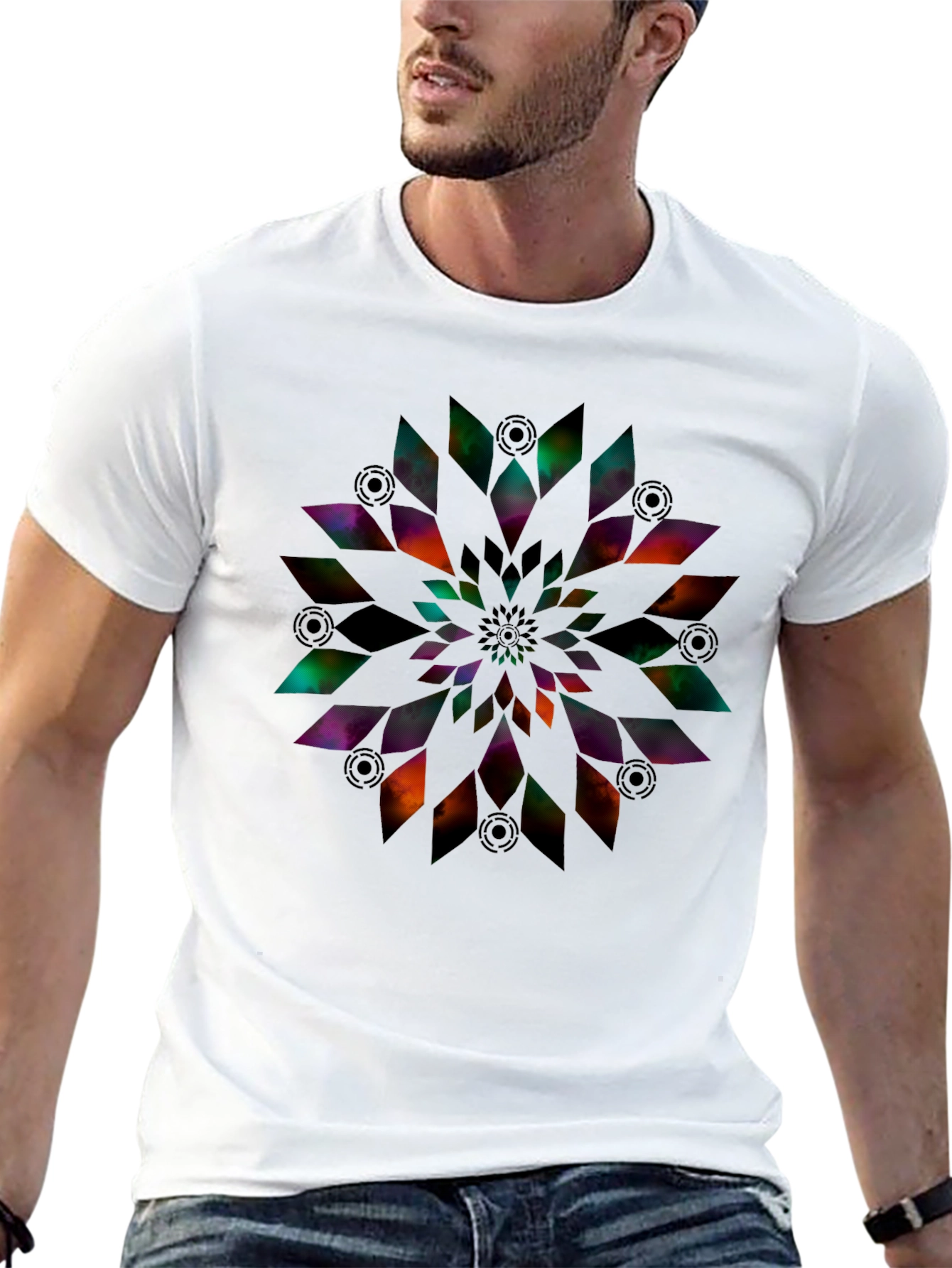 Abstract Geometric Flower Print Black T-Shirt