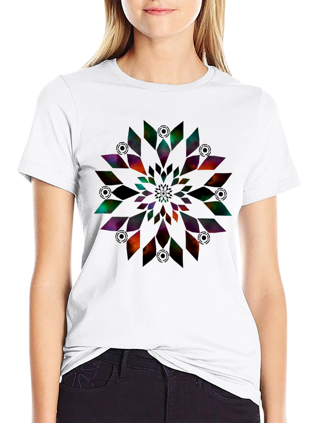 Abstract Geometric Flower Print Black T-Shirt