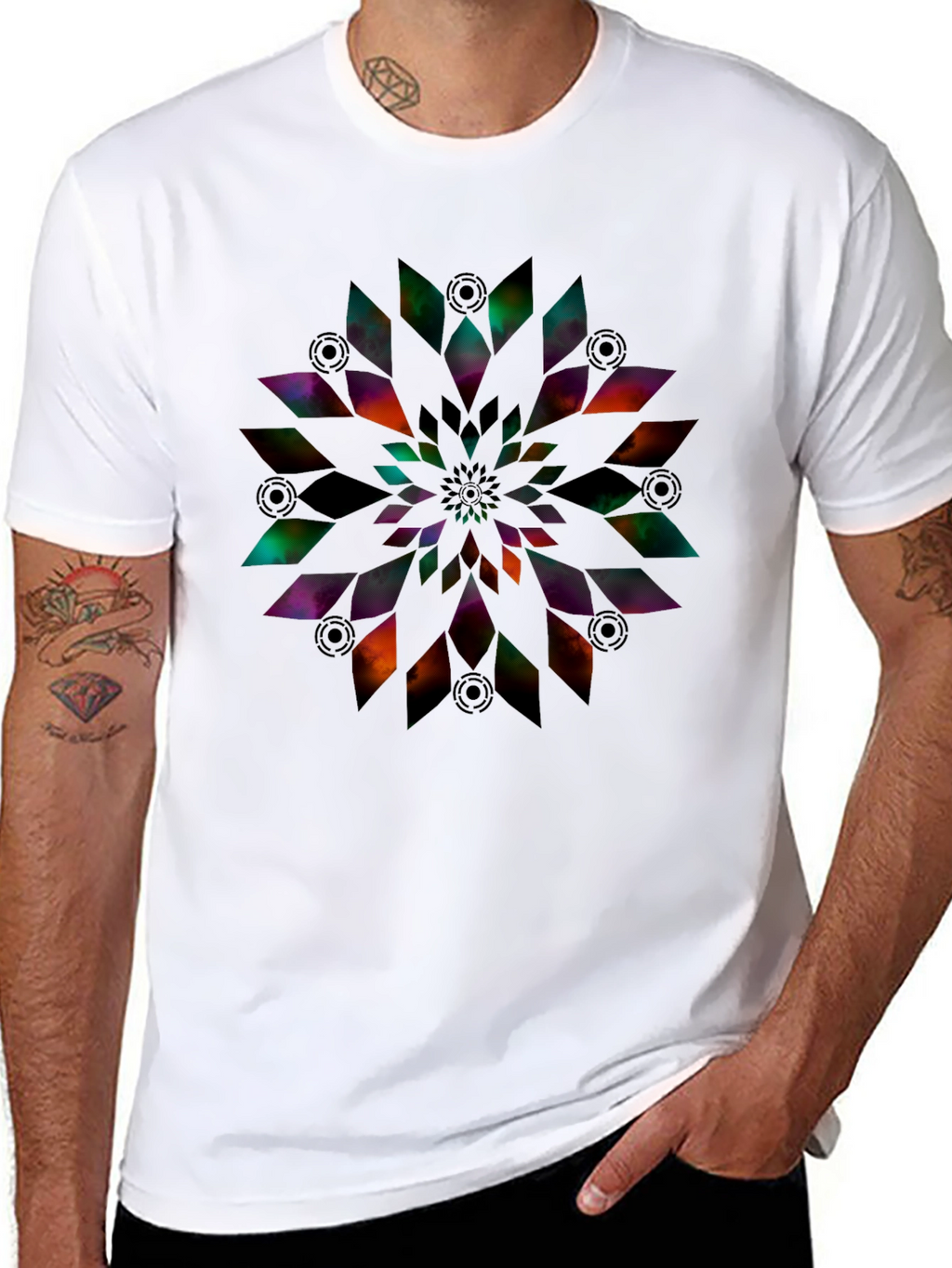 Abstract Geometric Flower Print Black T-Shirt