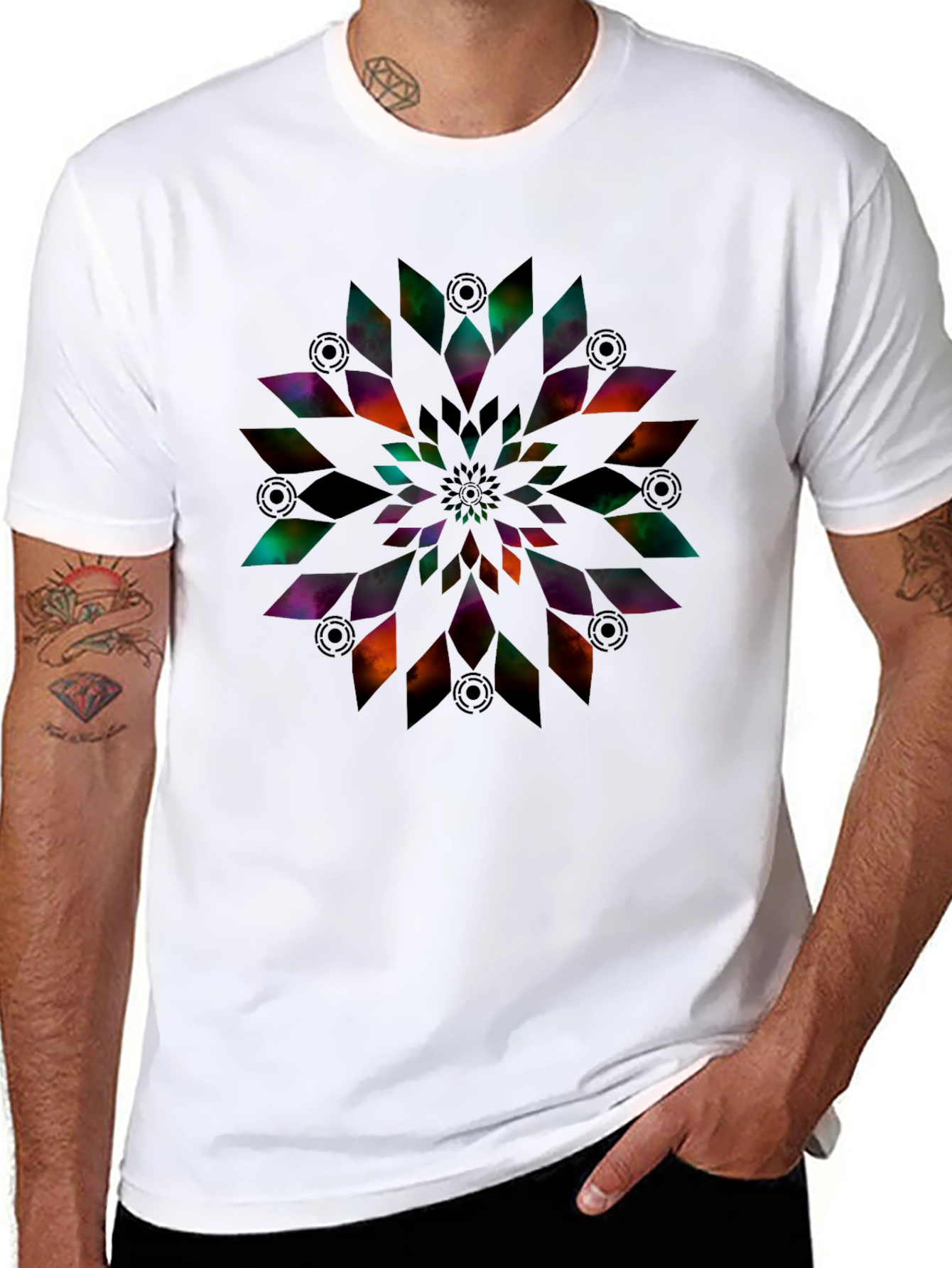 Abstract Geometric Flower Print Black T-Shirt