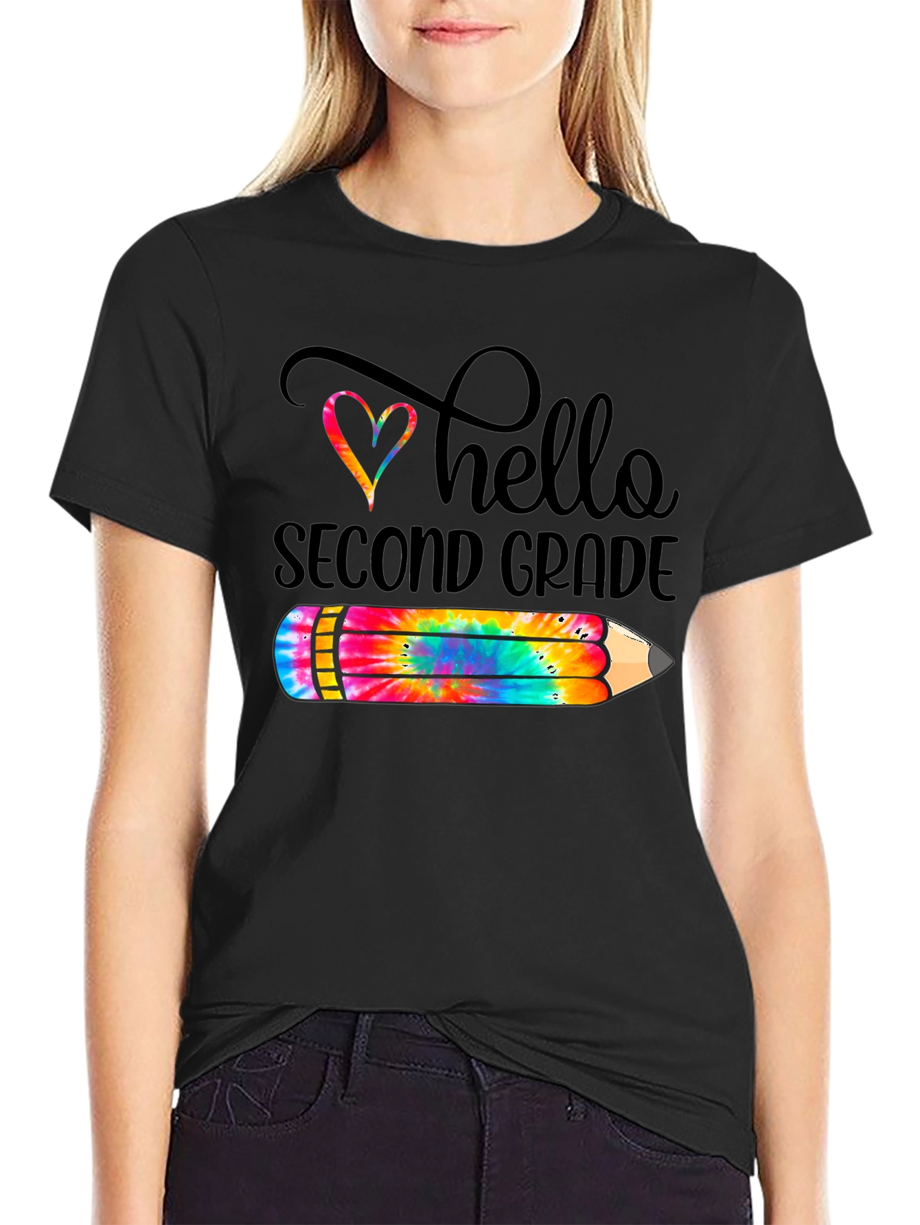 Hello Second Grade Teacher T-Shirt Colorful Pencil Design
