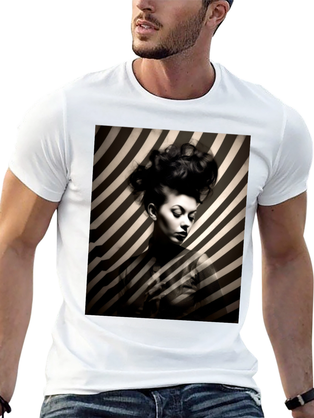 Striking Striped Portrait Graphic Tee - Bold Style