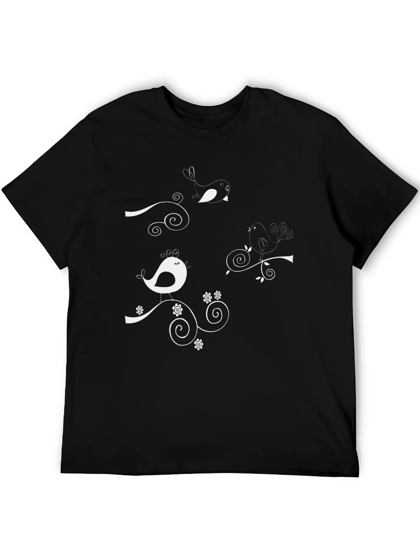 Whimsical Bird Tee - Black Cotton Graphic T-Shirt