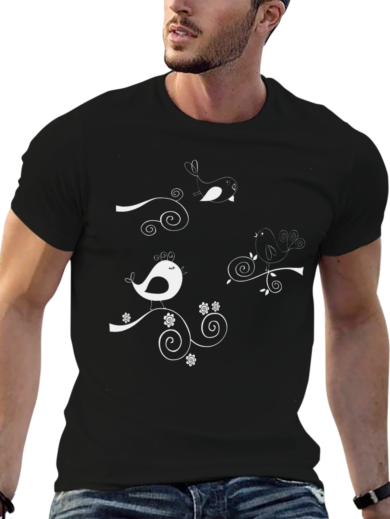 Whimsical Bird Tee - Black Cotton Graphic T-Shirt