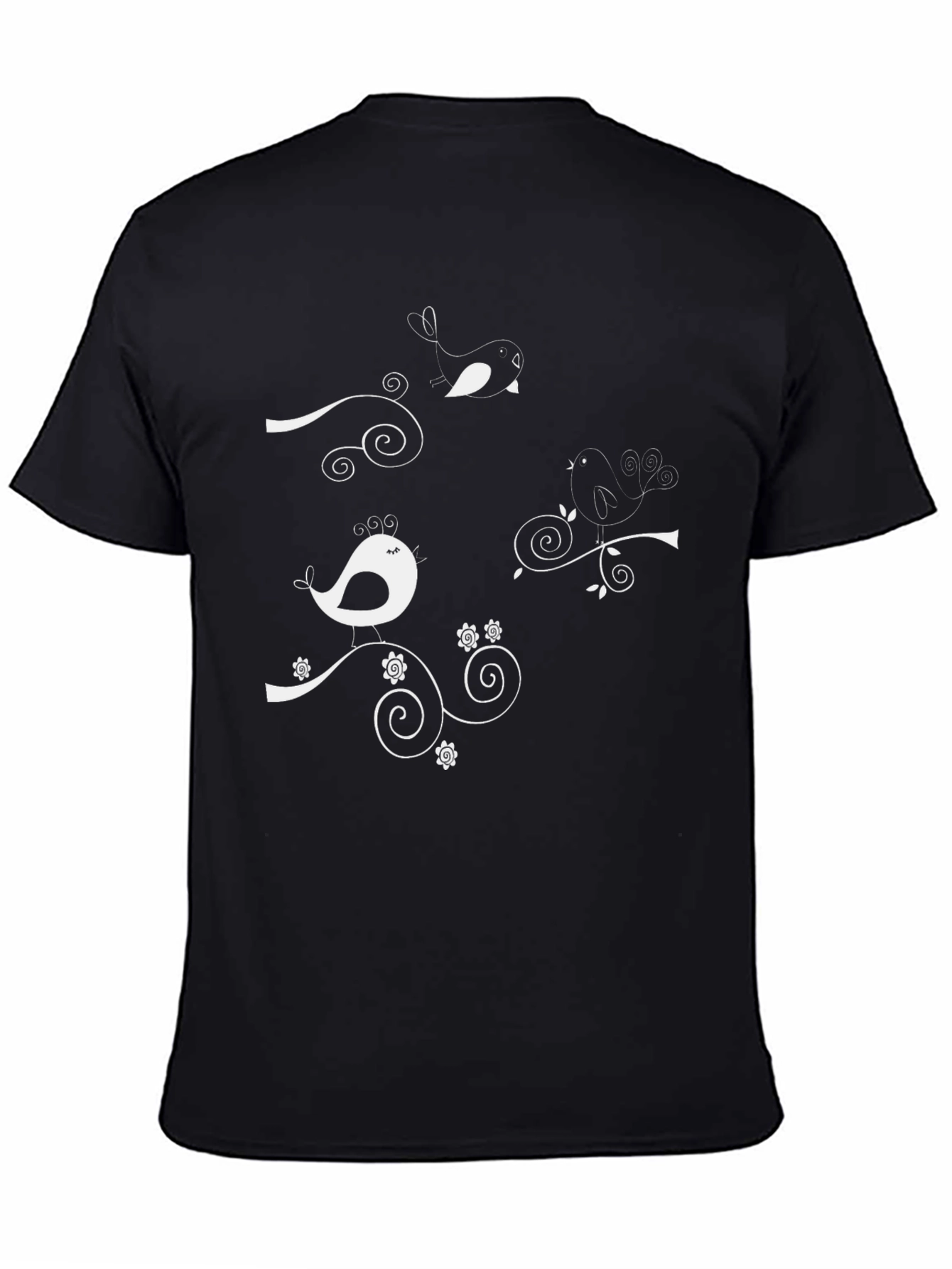 Whimsical Bird Tee - Black Cotton Graphic T-Shirt