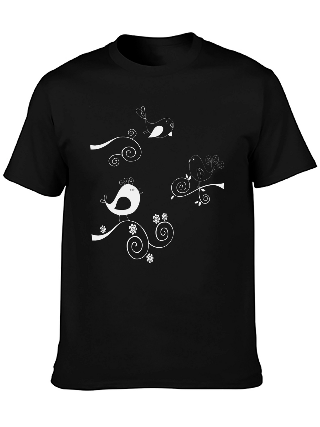 Whimsical Bird Tee - Black Cotton Graphic T-Shirt