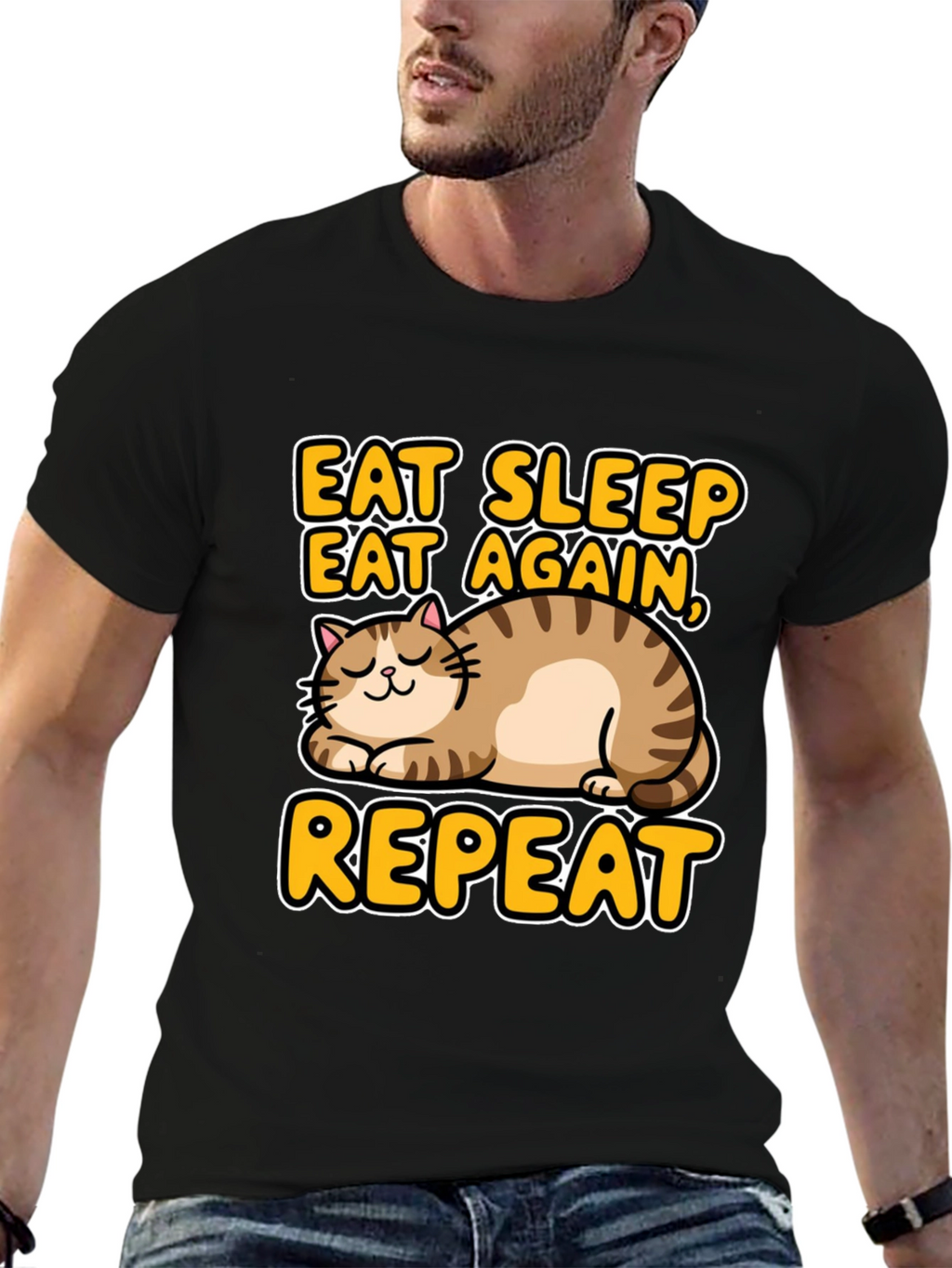 Eat Sleep Repeat Cat Graphic Tee - Black