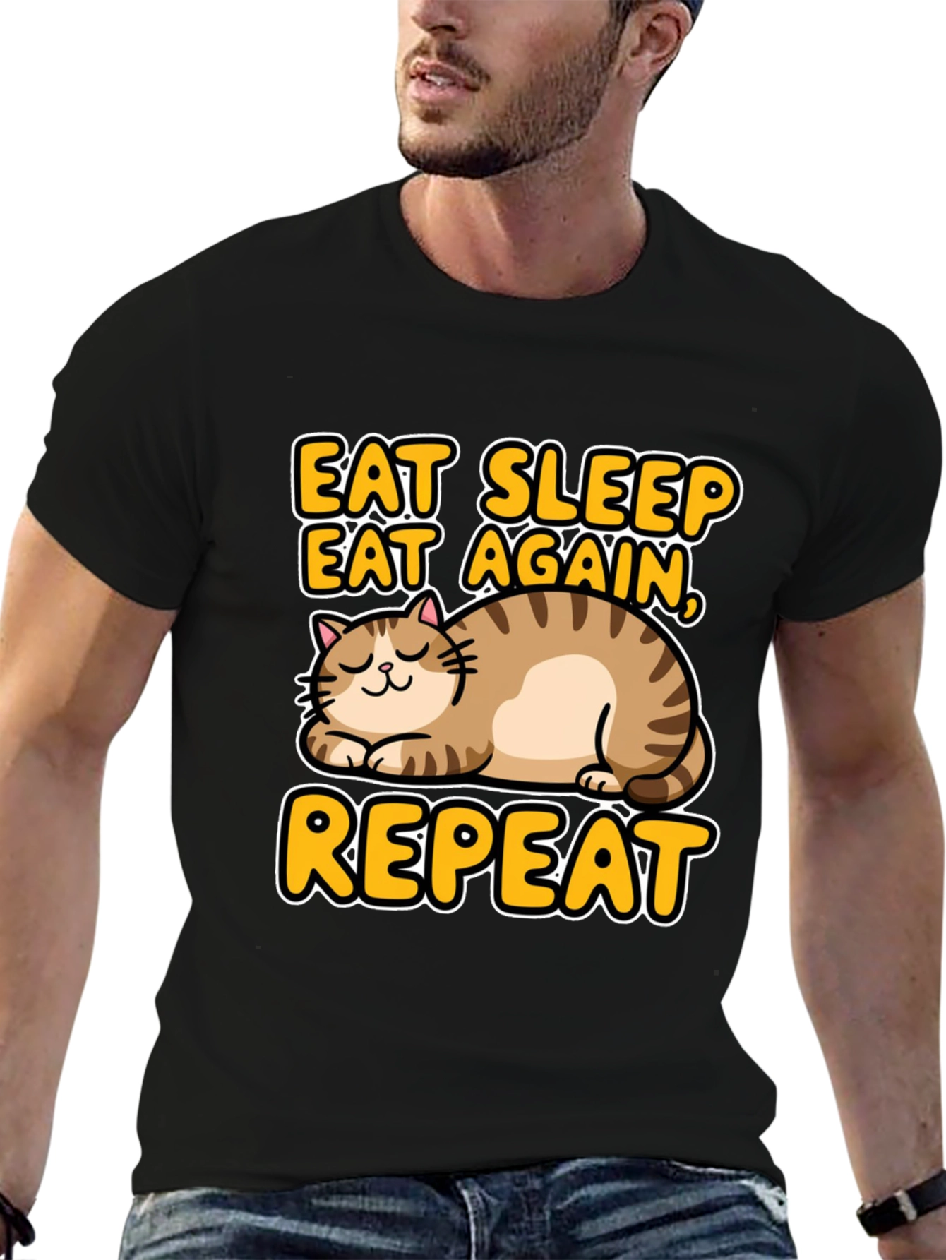 Eat Sleep Repeat Cat Graphic Tee - Black