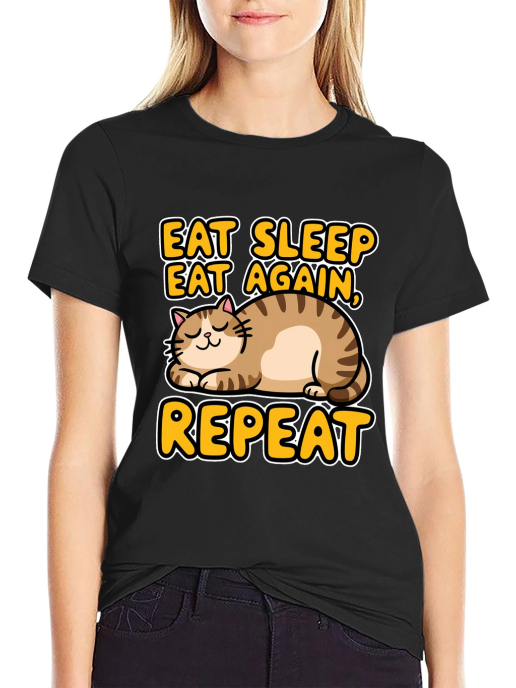 Eat Sleep Repeat Cat Graphic Tee - Black