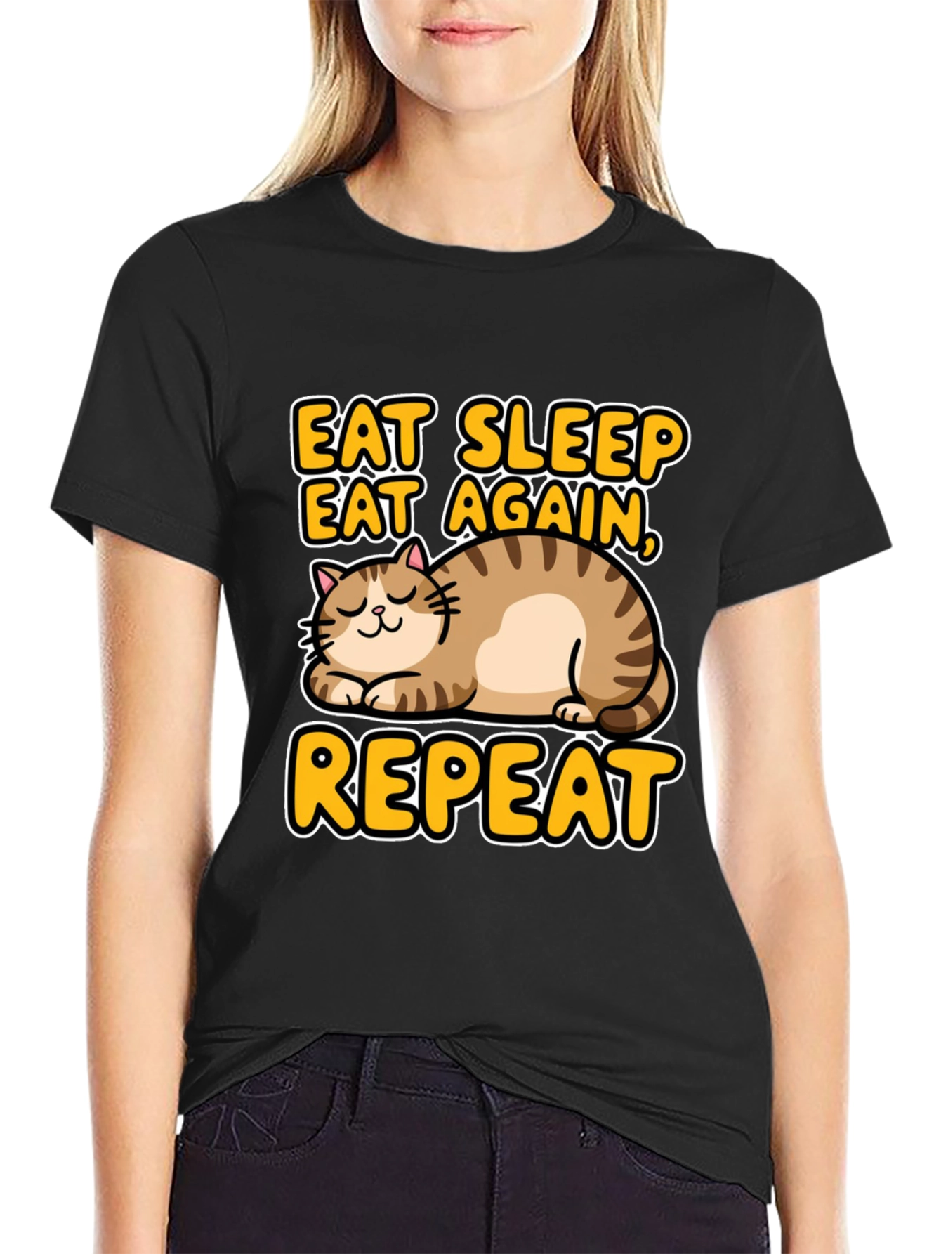 Eat Sleep Repeat Cat Graphic Tee - Black