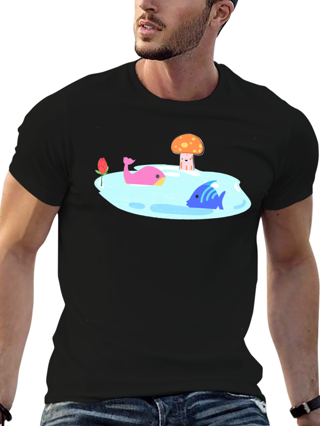 Black T-Shirt with Cartoon Lake Scene