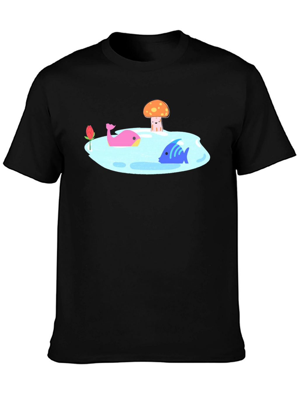 Black T-Shirt with Cartoon Lake Scene
