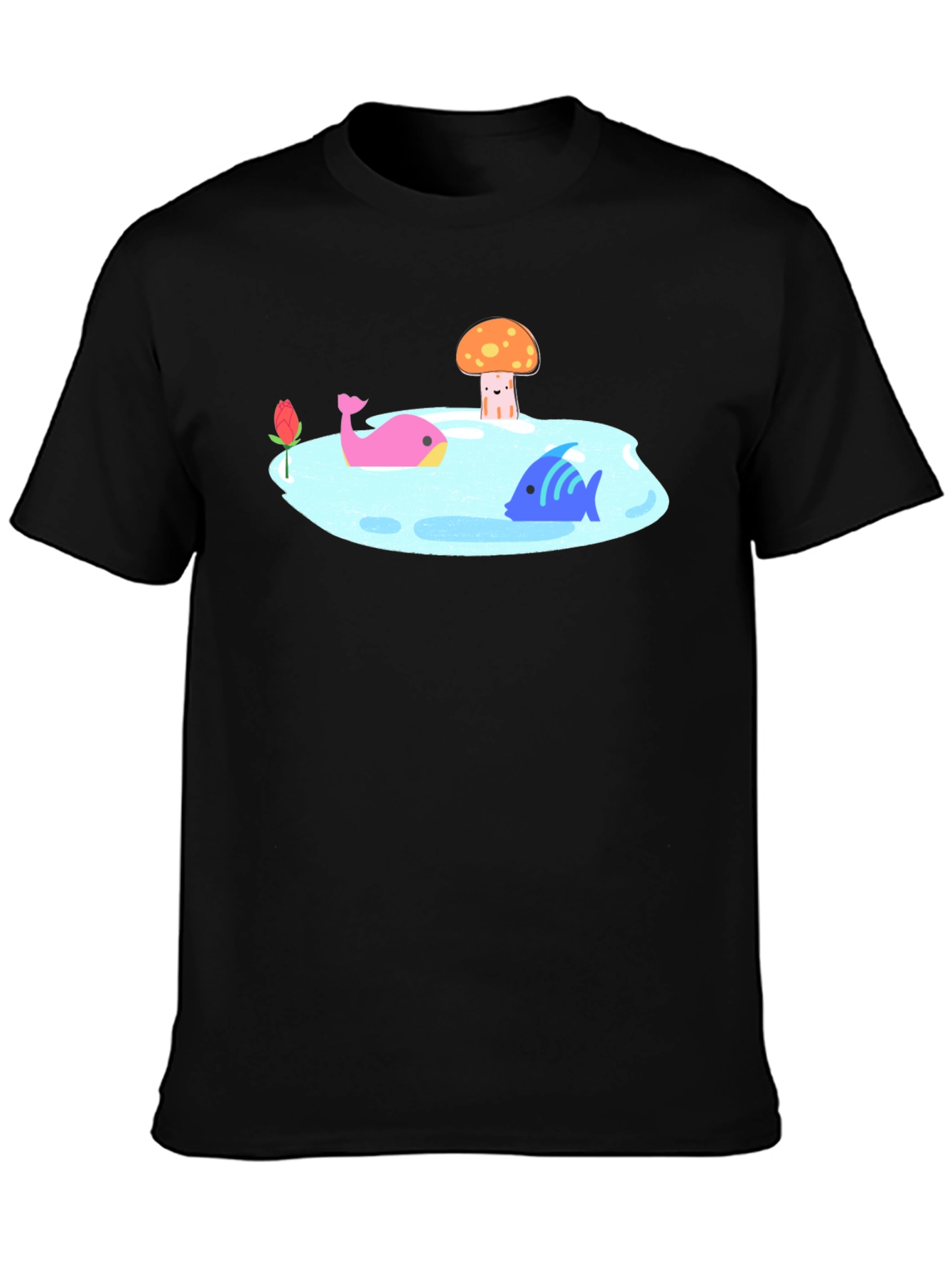 Black T-Shirt with Cartoon Lake Scene