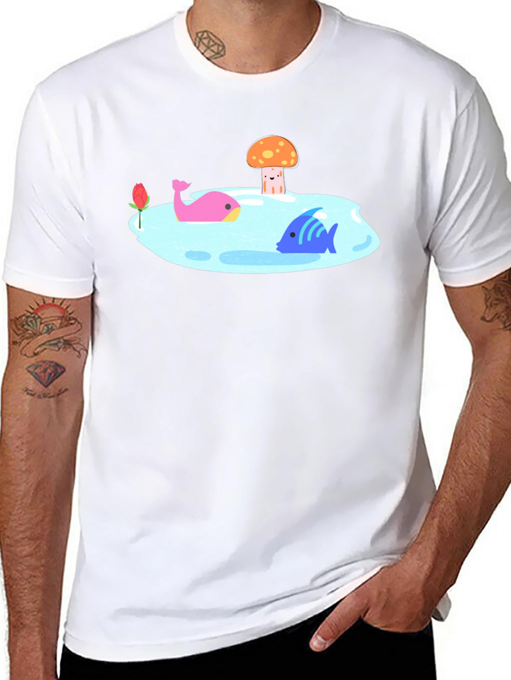 Black T-Shirt with Cartoon Lake Scene