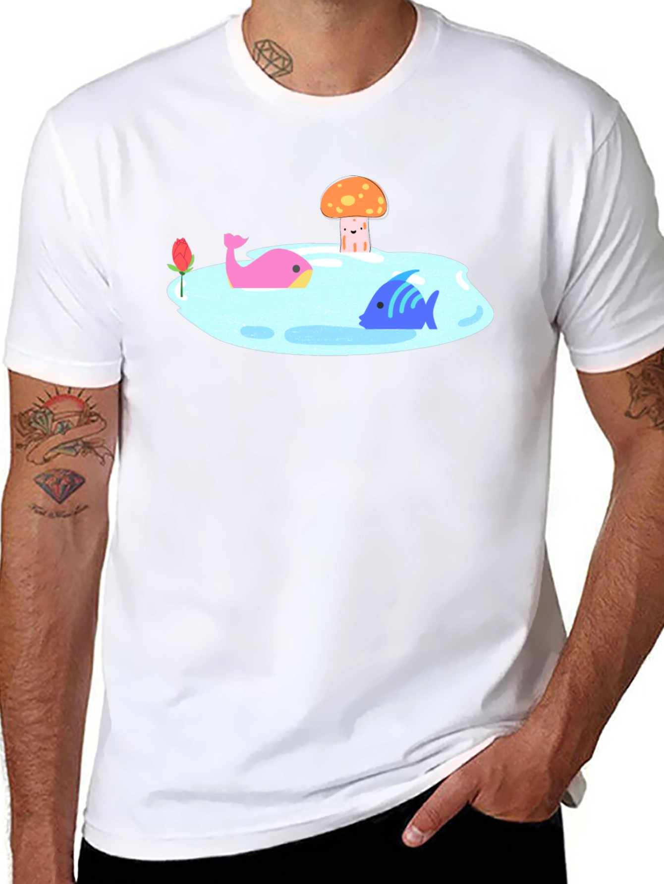 Black T-Shirt with Cartoon Lake Scene