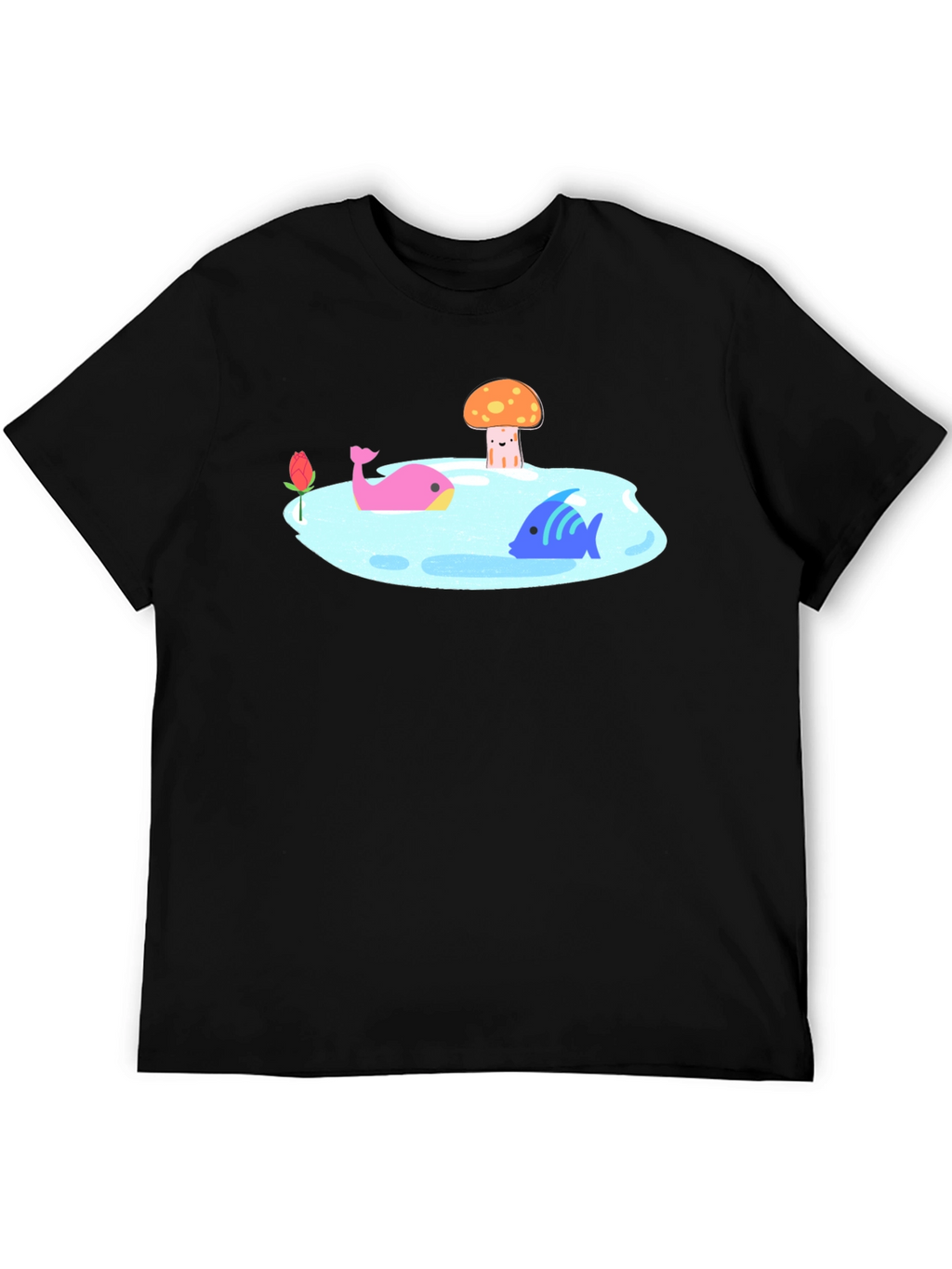 Black T-Shirt with Cartoon Lake Scene