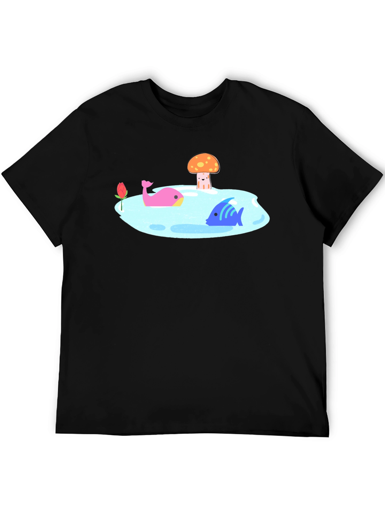 Black T-Shirt with Cartoon Lake Scene