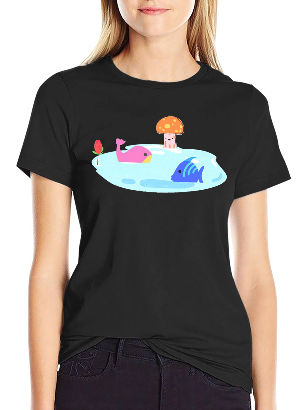 Black T-Shirt with Cartoon Lake Scene