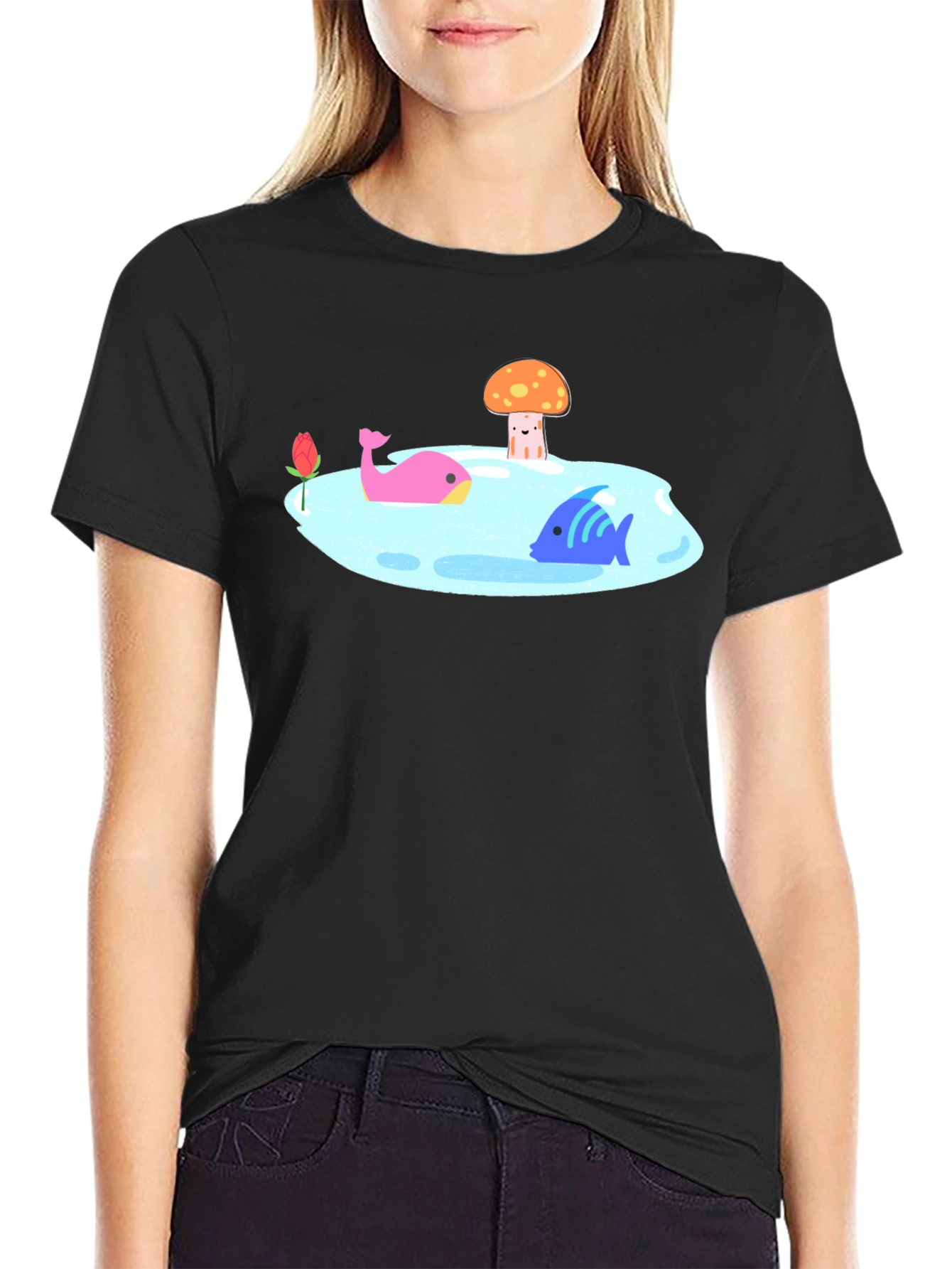 Black T-Shirt with Cartoon Lake Scene
