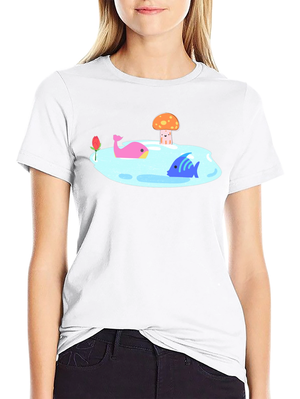 Black T-Shirt with Cartoon Lake Scene