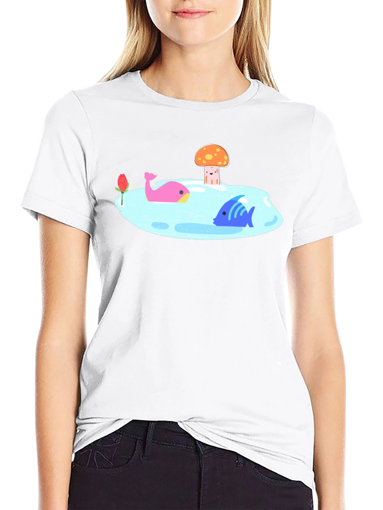Black T-Shirt with Cartoon Lake Scene