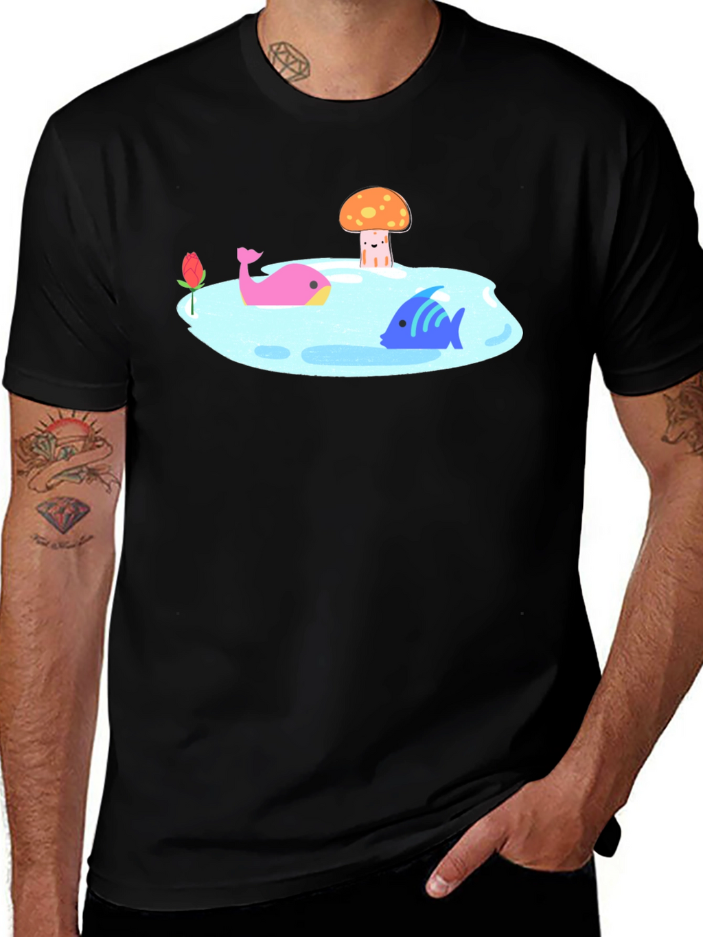 Black T-Shirt with Cartoon Lake Scene