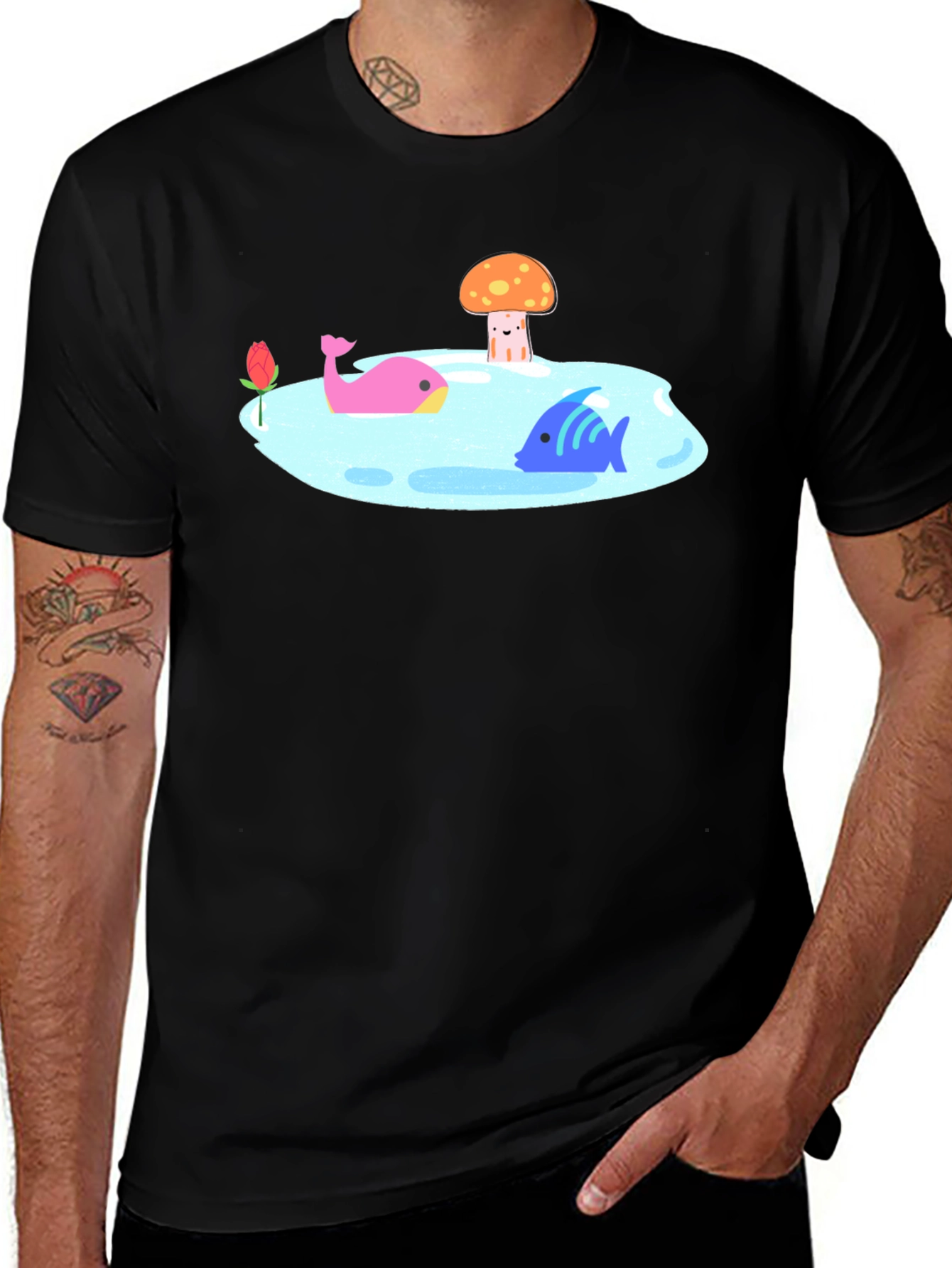 Black T-Shirt with Cartoon Lake Scene