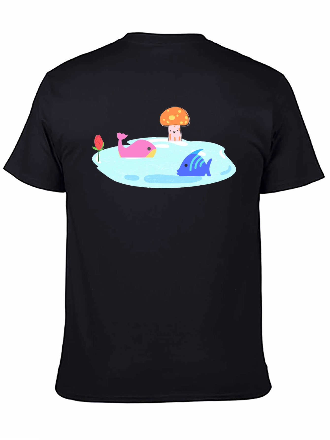 Black T-Shirt with Cartoon Lake Scene