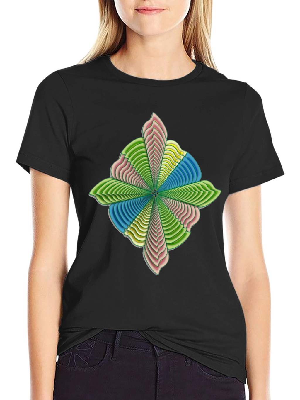 Abstract Flower Petal Graphic Print Black T-Shirt