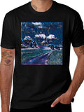 Starry Night Landscape Print Black T-Shirt