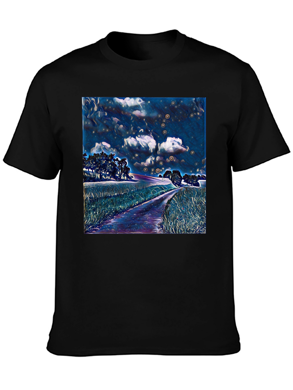 Starry Night Landscape Print Black T-Shirt
