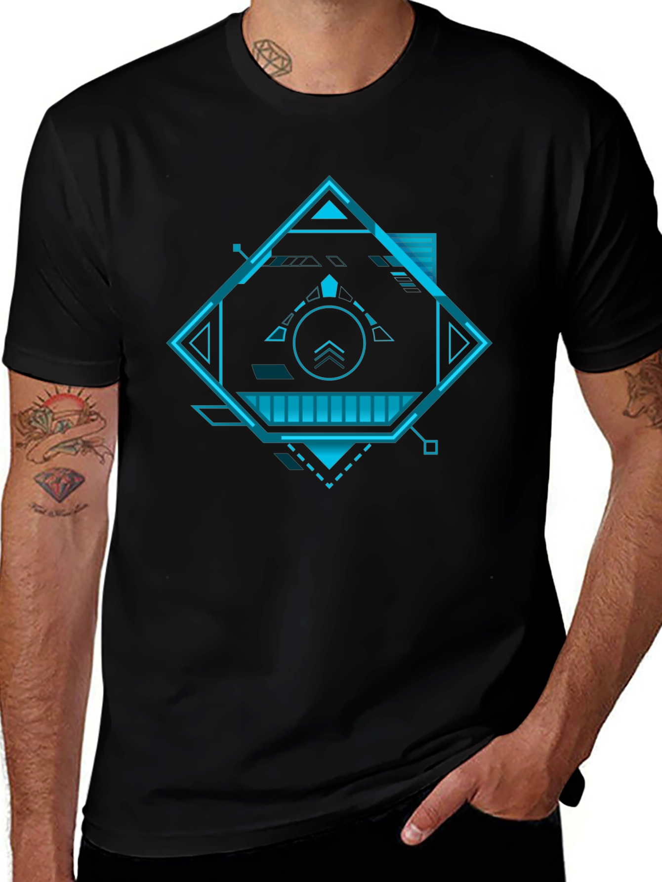 Futuristic Geometric Graphic Tee - Black