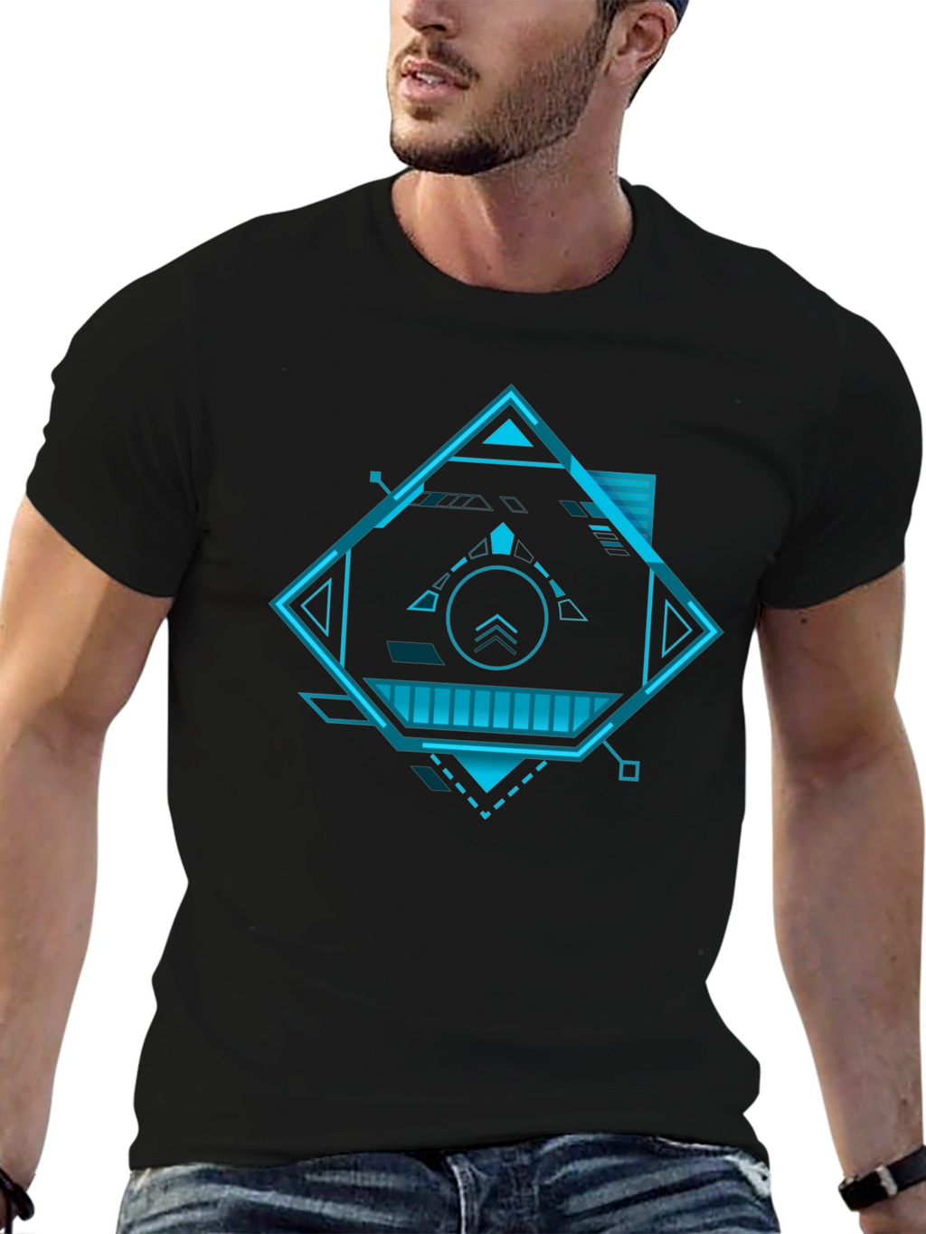 Futuristic Geometric Graphic Tee - Black