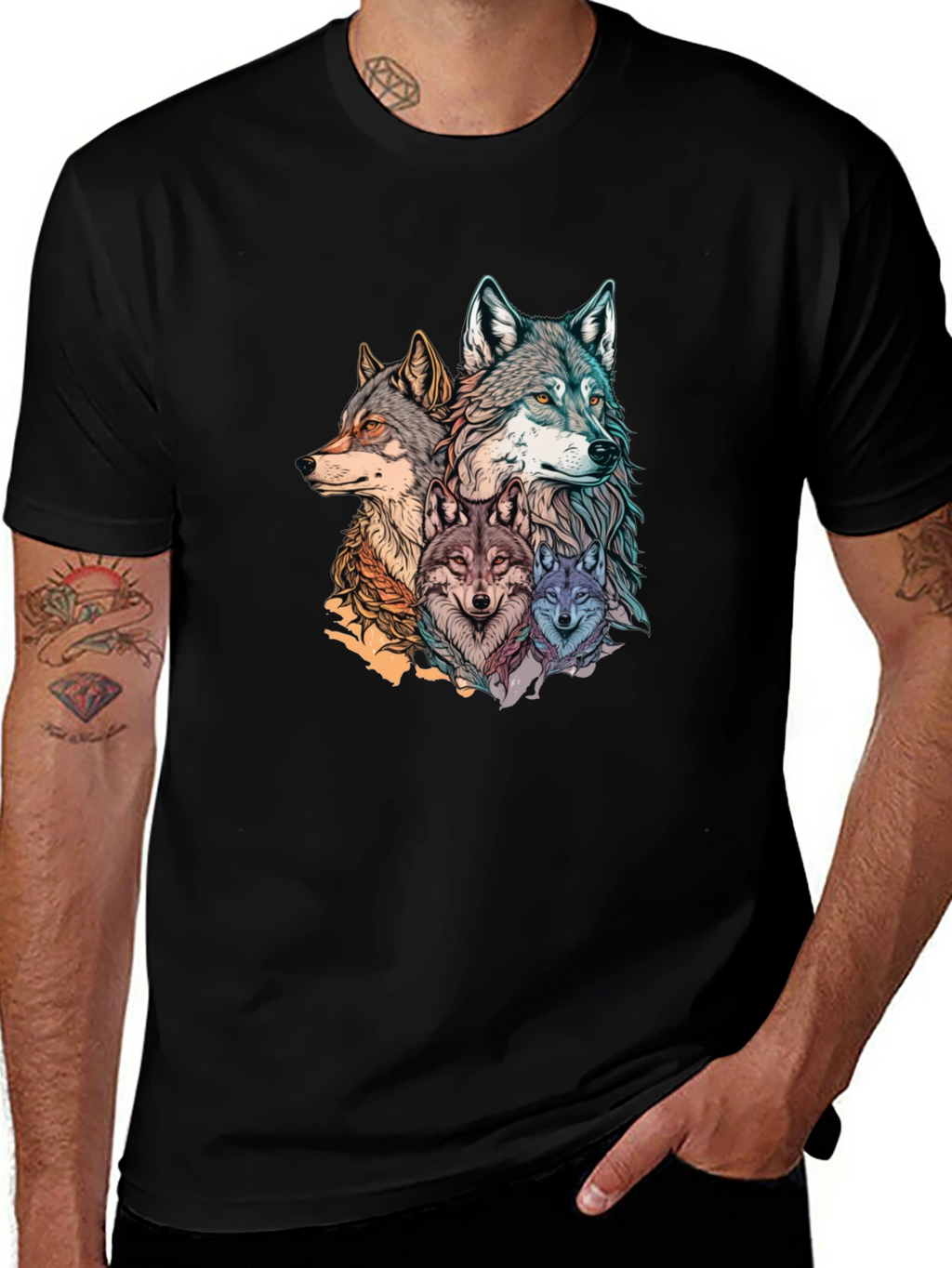 Wolf Pack Graphic Print Black T-Shirt