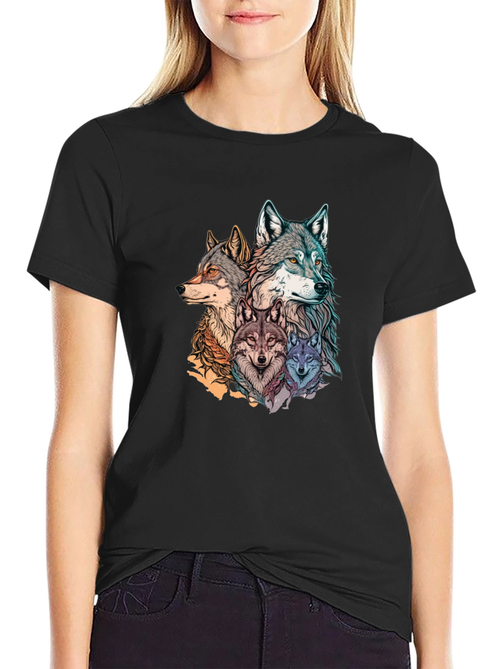 Wolf Pack Graphic Print Black T-Shirt