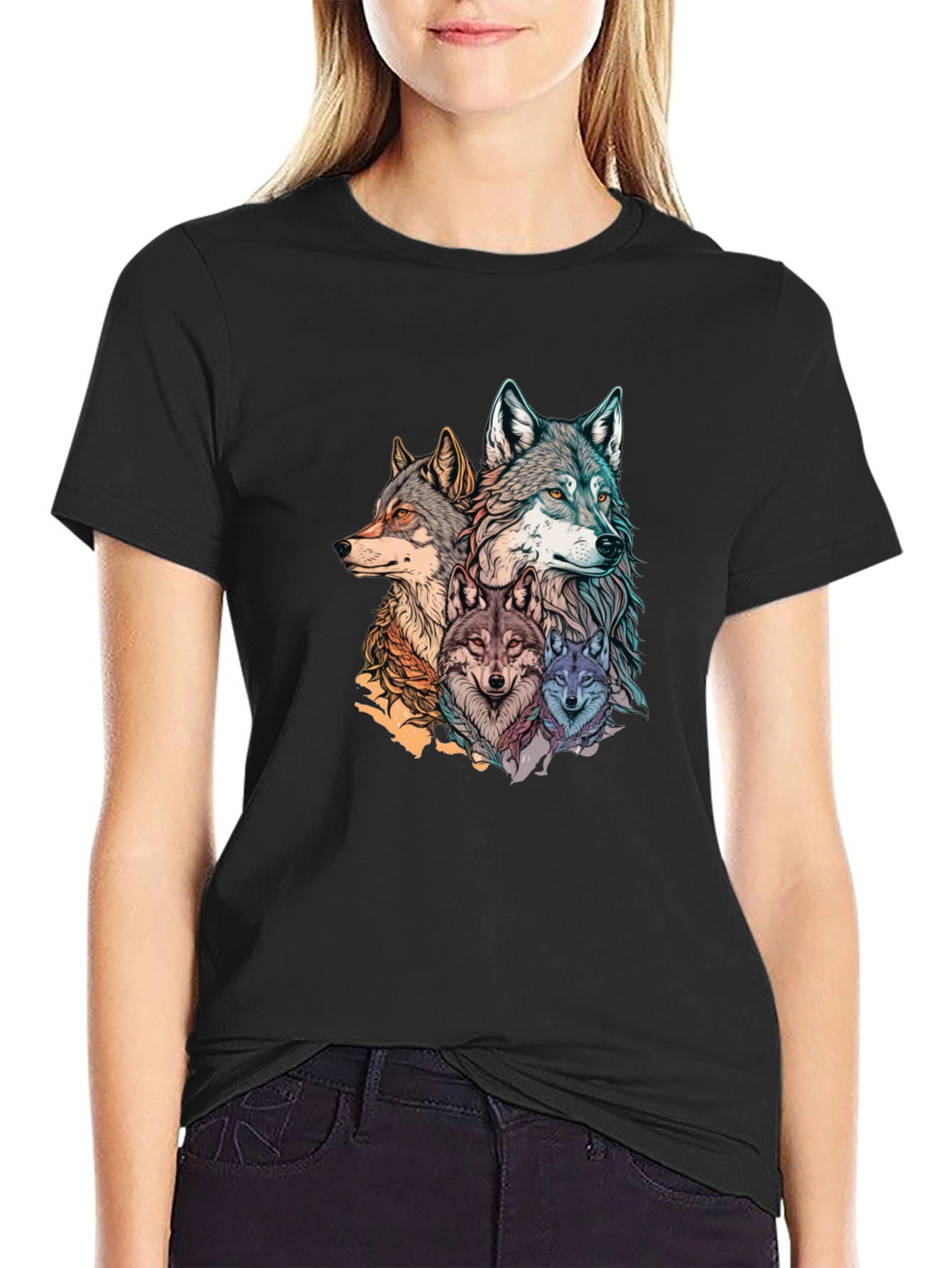 Wolf Pack Graphic Print Black T-Shirt