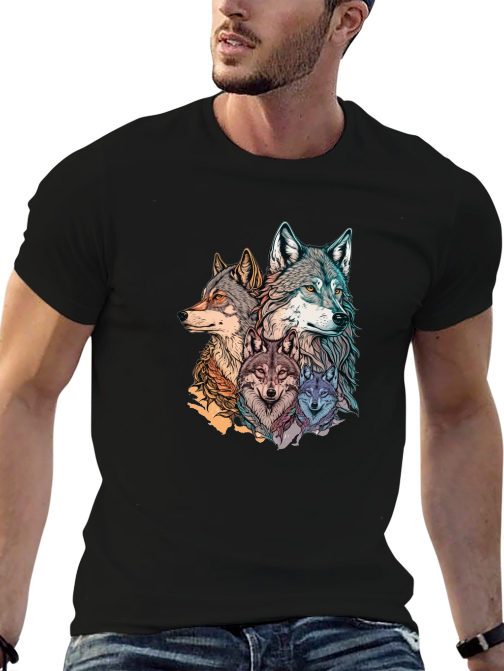 Wolf Pack Graphic Print Black T-Shirt