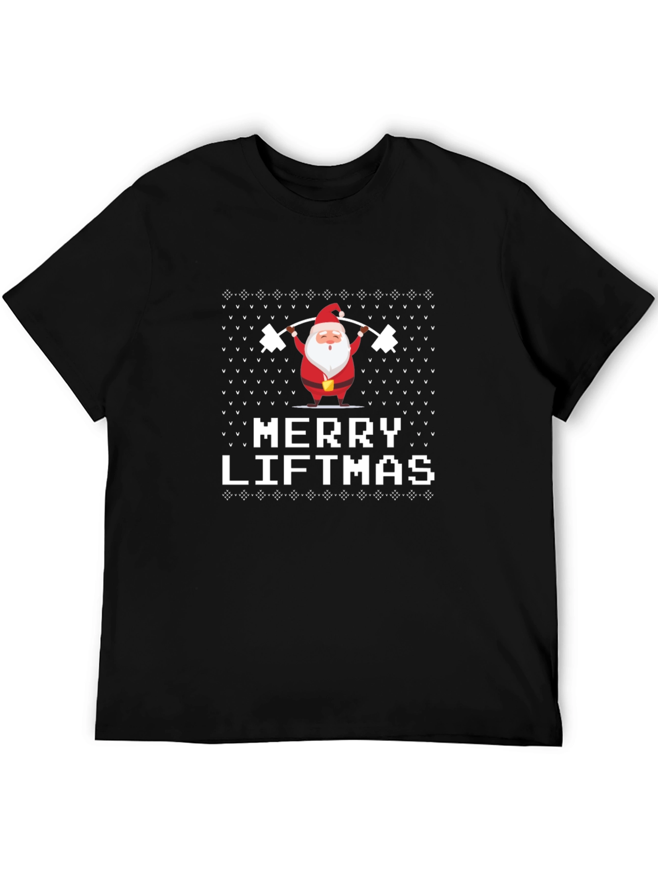 Merry Liftmas T-Shirt - Santa Claus Lifting Ugly Christmas Sweater Style