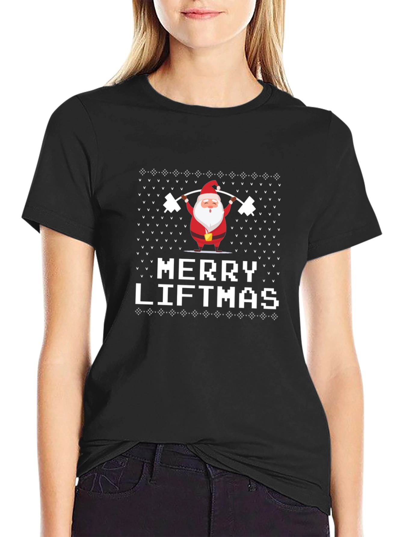 Merry Liftmas T-Shirt - Santa Claus Lifting Ugly Christmas Sweater Style