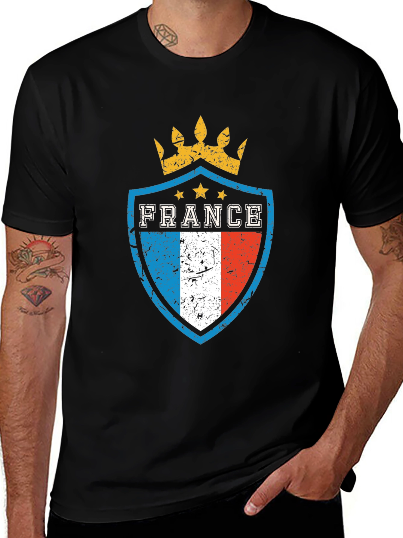 France Flag Shield Crown Graphic Tee - Mens Black T-Shirt