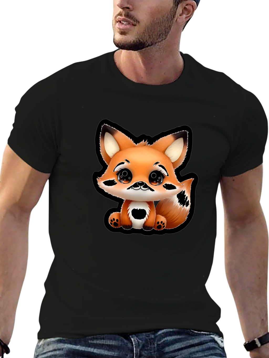 Cute Cartoon Fox Graphic Tee - Black