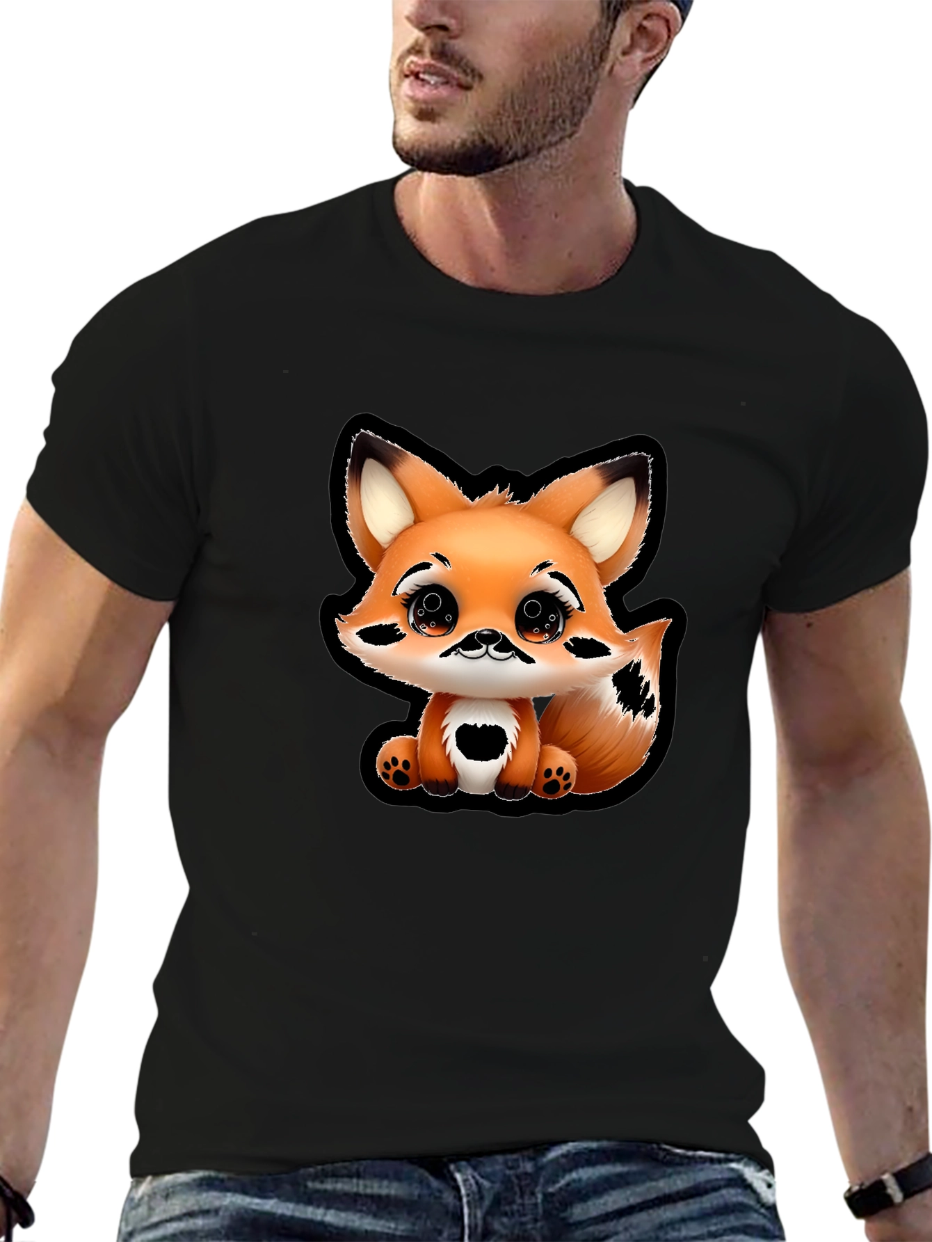 Cute Cartoon Fox Graphic Tee - Black