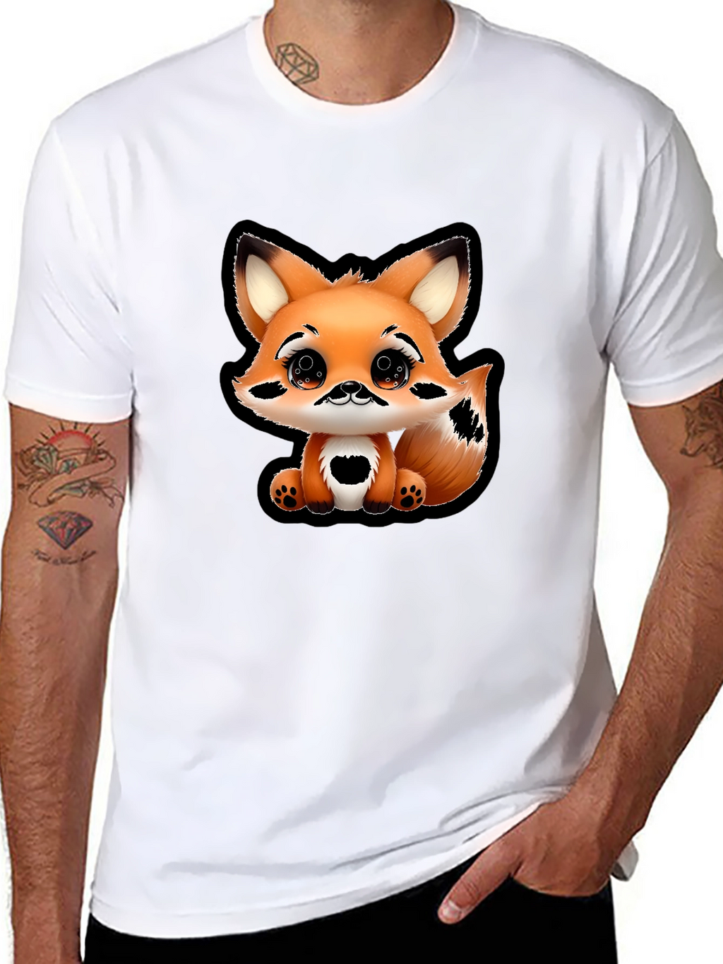 Cute Cartoon Fox Graphic Tee - Black