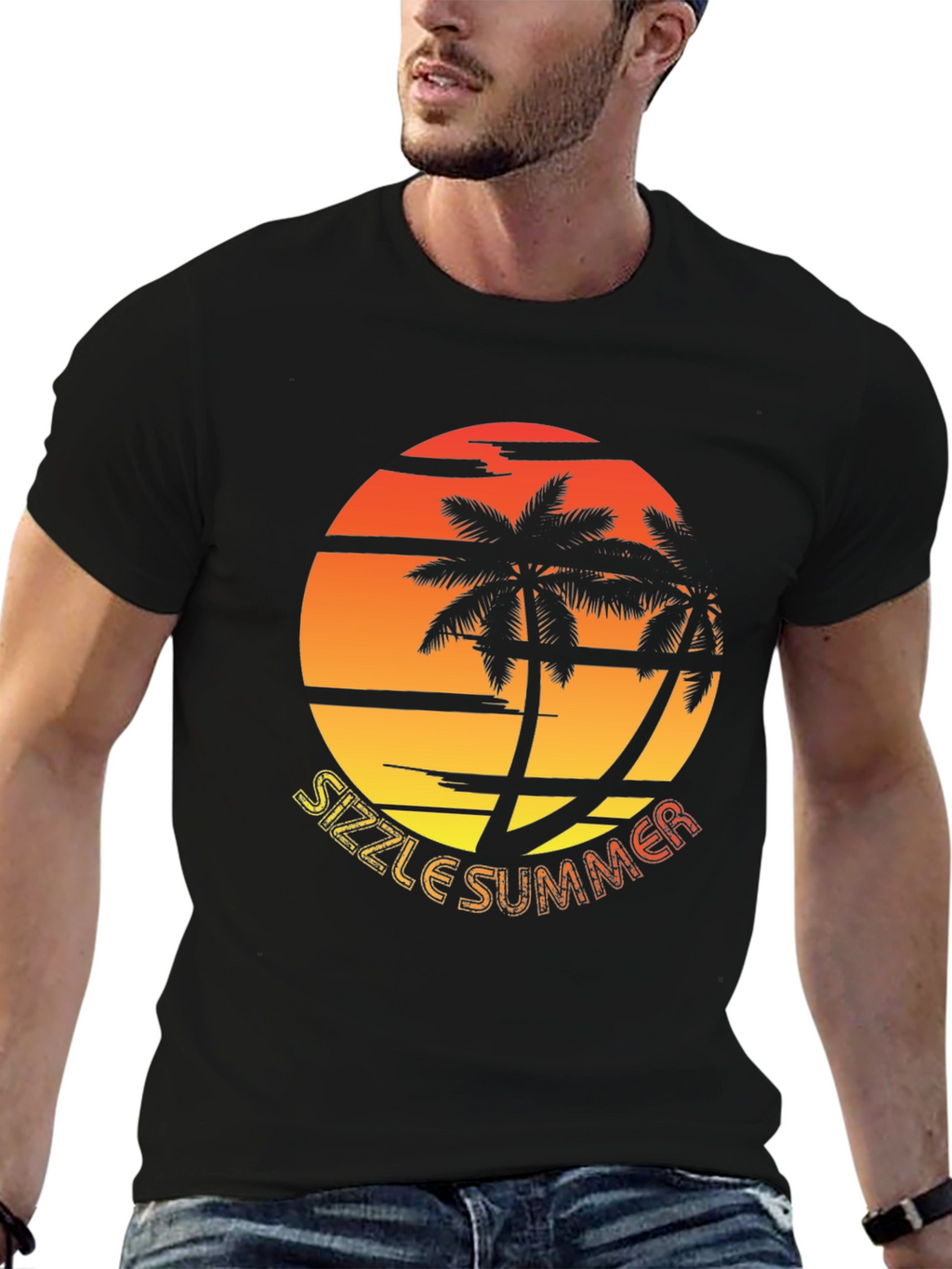 Sizzle Summer Graphic T-Shirt - Palm Tree Sunset Design