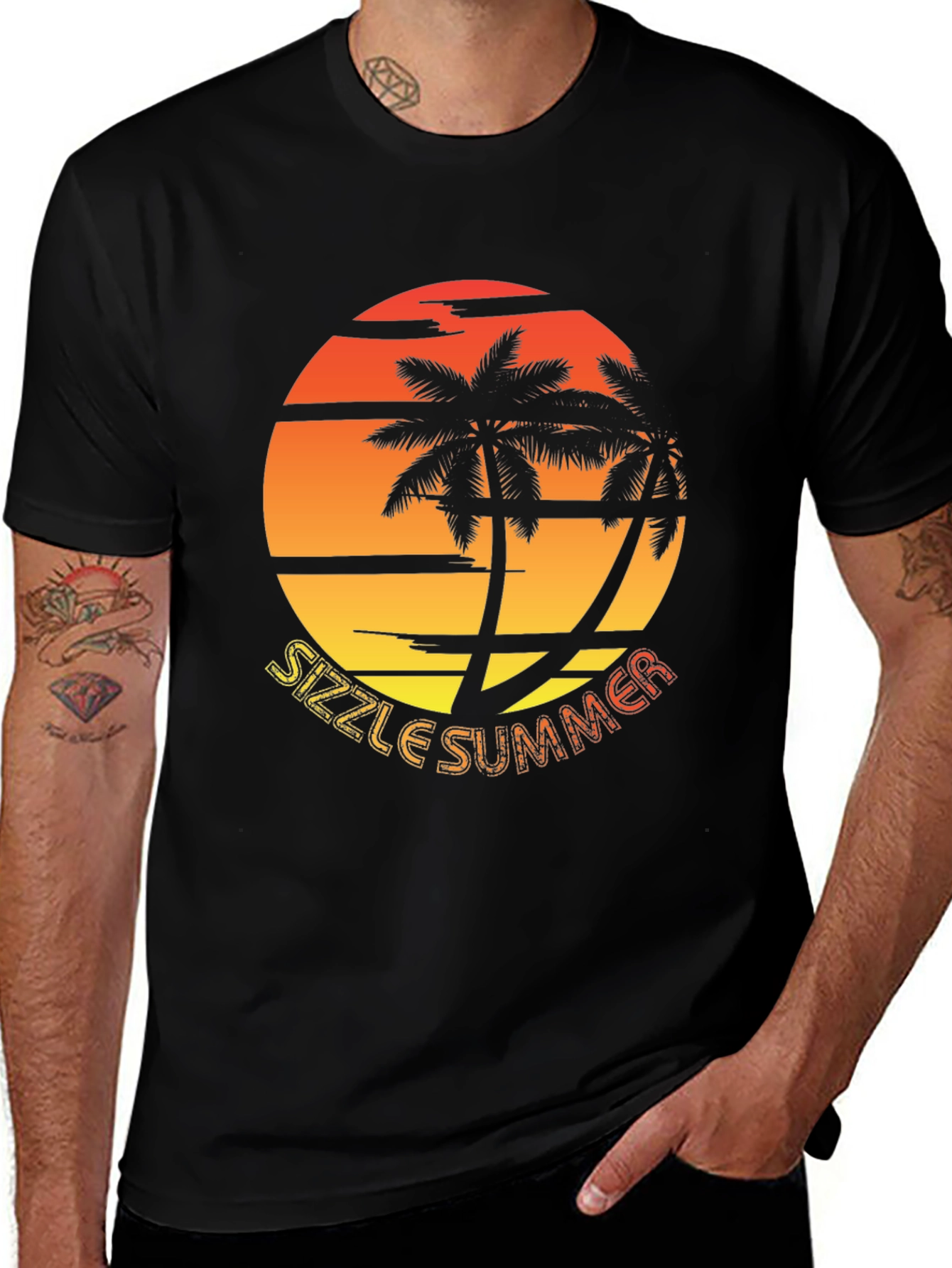Sizzle Summer Graphic T-Shirt - Palm Tree Sunset Design