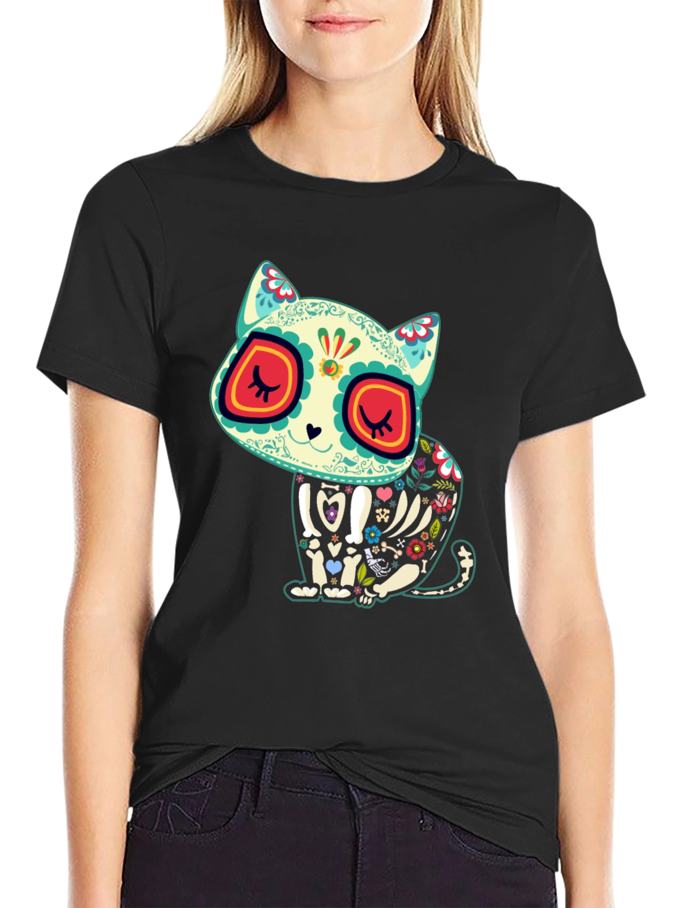 Sugar Skull Cat T-Shirt - Dia de los Muertos